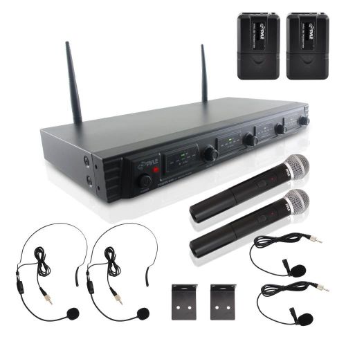  Pyle 2 Headset, 2 Lavalier Mics, 2 Transmitter, 8 AA Battery, Power Adapter-for Karaoke, PA, DJ (PDWM4540)