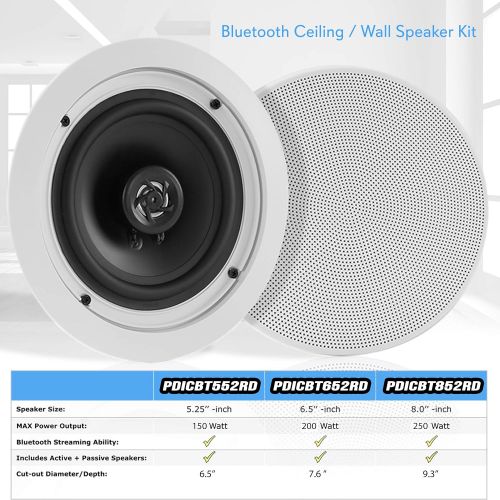  Pyle 5.25” Pair Bluetooth Flush Mount In-wall In-ceiling 2-Way Speaker System Quick Connections Changeable RoundSquare Grill Polypropylene Cone & Polymer Tweeter Stereo Sound 150