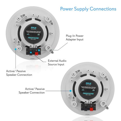  Pyle 5.25” Pair Bluetooth Flush Mount In-wall In-ceiling 2-Way Speaker System Quick Connections Changeable RoundSquare Grill Polypropylene Cone & Polymer Tweeter Stereo Sound 150