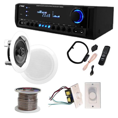  Pyle 4 Pairs of 150W 5.25 In-Wall  In-Ceiling Stereo White Speakers w 300W Digital Home Stereo Receiver w USBSDAUX Input, Remote & 4 Channel High Power Stereo Speaker Selector