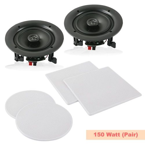  Pyle Pair 5.25” Flush Mount In-wall In-ceiling 2-Way Speaker System Spring Loaded Quick Connections Changeable RoundSquare Grill Stereo Sound Polypropylene Cone Polymer Tweeter 15