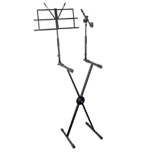  Pyle Portable Folding Piano Keyboard Stand - Black Ergonomic Universal Digital Studio Piano Rack Support, Electric Organ Standing Holder w Music Note and Microphone Holder, Adjustable