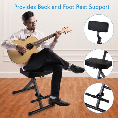  Portable Adjustable Musician Performer Stool - Folding Musicians Performance Chair, Drum Guitarist Keyboard Throne w Adjustable Padded Cushion Seat and Back, Foot Rest - Pyle PKST