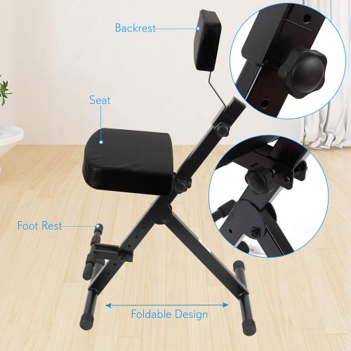  Portable Adjustable Musician Performer Stool - Folding Musicians Performance Chair, Drum Guitarist Keyboard Throne w Adjustable Padded Cushion Seat and Back, Foot Rest - Pyle PKST