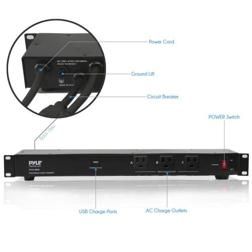  Pyle 19 Outlet 1U 19 Rackmount PDU Power Distribution Supply Center Conditioner Strip Unit Surge Protector 15 Amp Circuit Breaker USB Multi Device Charge Port 15FT Cord (PCO860)