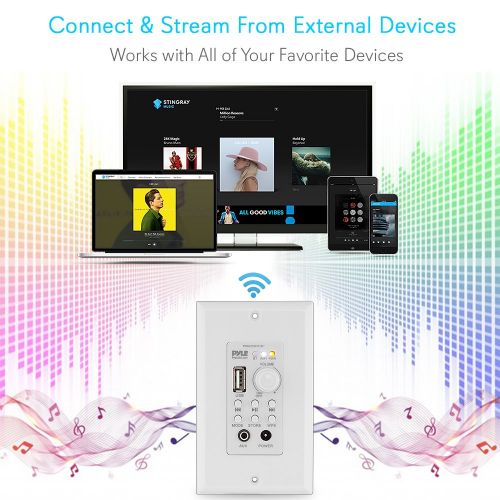  Pyle in Wall Mount Bluetooth Receiver - WiFi Wireless Audio Music Speaker Control, Stereo Speakers Volume Controller w 3.5mm AUX Jack Input, USB, Adapter, 30ft Range, Home Theater App