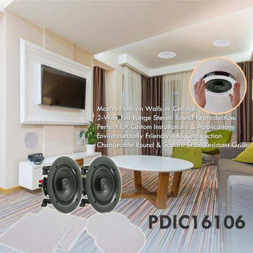  Pyle Pair 8” Flush Mount In-wall In-ceiling 2-Way Speaker System Spring Loaded Quick Connections Changeable RoundSquare Grill Stereo Sound Polypropylene Cone Polymer Tweeter 250 W