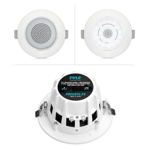  Pyle 3.5” Pair Bluetooth Flush Mount In-wall In-ceiling 2-Way Home Speaker System Built-in LED Lights Aluminum Housing Spring Loaded Clips Polypropylene Cone & Tweeter Stereo 140 W