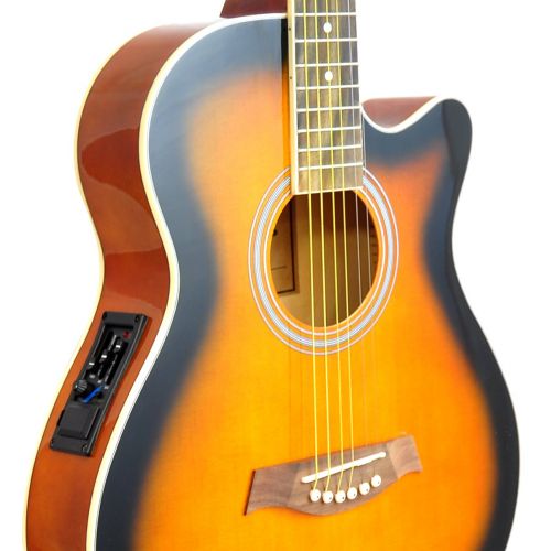  Pyle Acoustic Electric Grand Auditorium Guitar - 40” 6 String Linden Wood Slim Body Cutaway Sunburst Style wBuilt-in Pre Amplifier, Case Bag, Nylon Strap, Tuner, Picks, Great for Begin