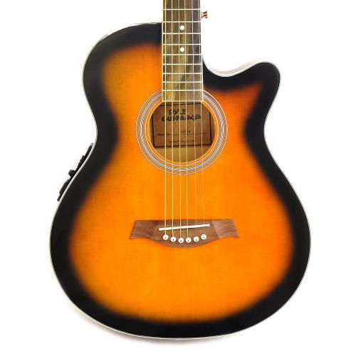  Pyle Acoustic Electric Grand Auditorium Guitar - 40” 6 String Linden Wood Slim Body Cutaway Sunburst Style wBuilt-in Pre Amplifier, Case Bag, Nylon Strap, Tuner, Picks, Great for Begin