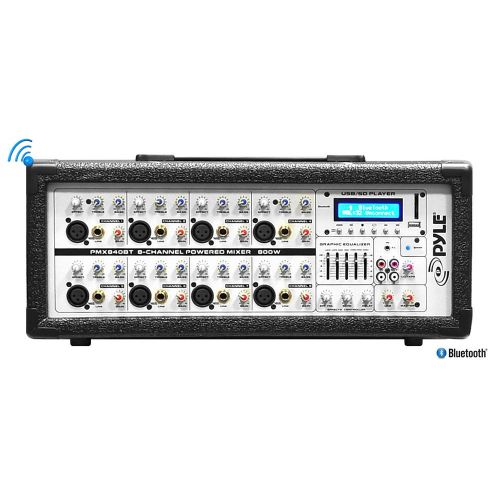  Pyle 8-Channel Bluetooth Audio PA Mixer [Multi-Source Audio Control] Powered System | Balanced Microphone & Line Inputs | USBSD Readers | 5-Band Graphic EQ (PMX840BT)