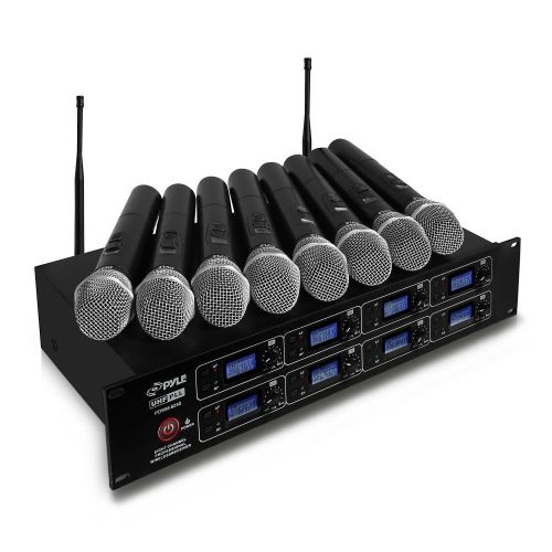  Pyle Professional 8 Channel UHF Wireless Microphone System 8 Handheld Mics Rack Mount Receiver Base RF & AF RadioAudio Frequency Digital Display Independent Channel Volume Control