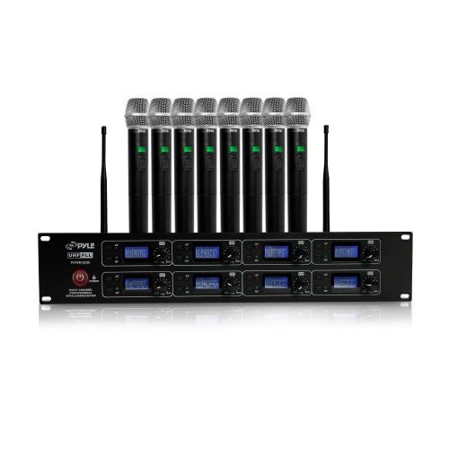  Pyle Professional 8 Channel UHF Wireless Microphone System 8 Handheld Mics Rack Mount Receiver Base RF & AF RadioAudio Frequency Digital Display Independent Channel Volume Control