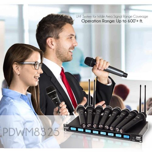  Pyle 8 Channel UHF Wireless Microphone & Rack Mountable Receiver Audio Sound System 8 Handheld Mics Independent Channel Volume Control LCD Digital Display Integrated Noise Filtrati