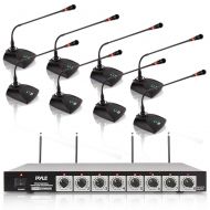 8 Channel Wireless Microphone System - Portable VHF Cordless Audio Mic Set with 14 and XLR Output, Dual Antenna, Includes 8 Table Top Mics, Rack Mountable Receiver Base - Pyle Pro