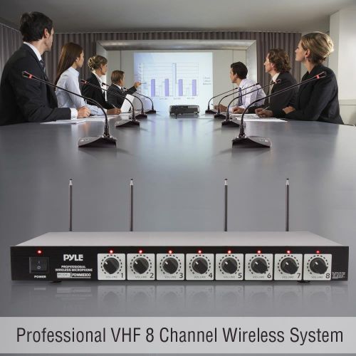  8 Channel Wireless Microphone System - Portable VHF Cordless Audio Mic Set with 14 and XLR Output, Dual Antenna, Includes 8 Table Top Mics, Rack Mountable Receiver Base - Pyle Pro