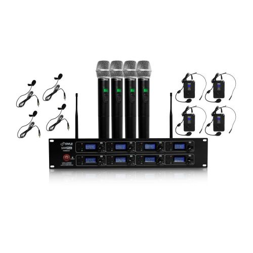  Pyle Professional 8 Channel UHF Wireless Microphone & Receiver System 4 Handheld Mics Belt Packs Transmitters Headsets & Lavalier Lapel Mics RF & AF RadioAudio Frequency Digital D
