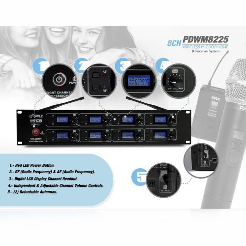  Pyle Professional 8 Channel UHF Wireless Microphone & Receiver System 4 Handheld Mics Belt Packs Transmitters Headsets & Lavalier Lapel Mics RF & AF RadioAudio Frequency Digital D