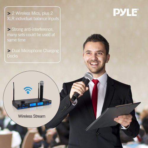  Pyle 16 Channel Wireless Microphone System - Portable UHF Digital Audio Mic Set with 2 Handheld Dynamic Mic, Receiver, Dual Detachable Antenna, Power Adapter - For Karaoke, PA, DJ Party