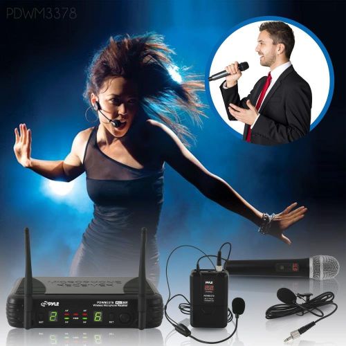  Pyle Dual Channel UHF Wireless Microphone System Handheld MIC, Headset, Belt Pack, LavelierLapel MIC with 8 Selectable Frequency Independent Volume Controls AF & RF Signal Indicat