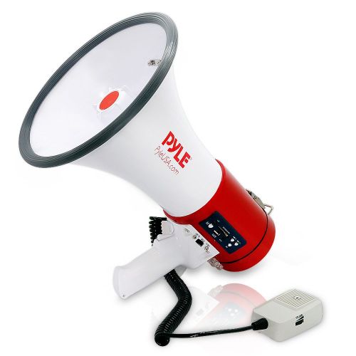  Pyle Megaphone 50-Watt Siren Bullhorn - Bullhorn Speaker w Detachable Microphone, Portable Lightweight Strap & Rechargeable Battery - Professional Outdoor Voice for Police & Cheer