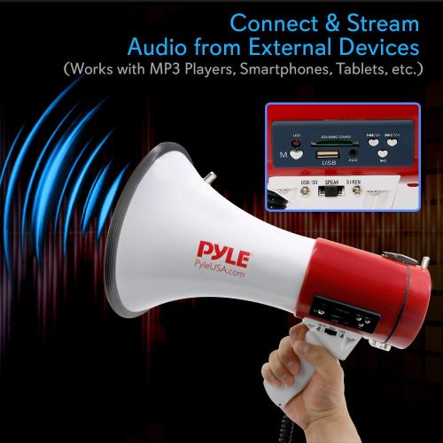  Pyle Megaphone 50-Watt Siren Bullhorn - Bullhorn Speaker w Detachable Microphone, Portable Lightweight Strap & Rechargeable Battery - Professional Outdoor Voice for Police & Cheer