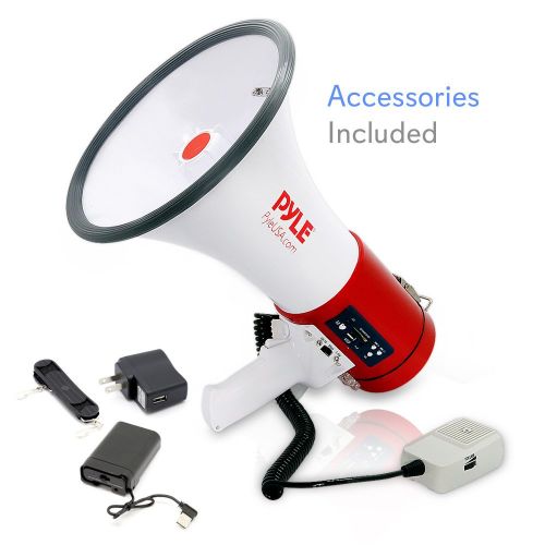  Pyle Megaphone 50-Watt Siren Bullhorn - Bullhorn Speaker w Detachable Microphone, Portable Lightweight Strap & Rechargeable Battery - Professional Outdoor Voice for Police & Cheer