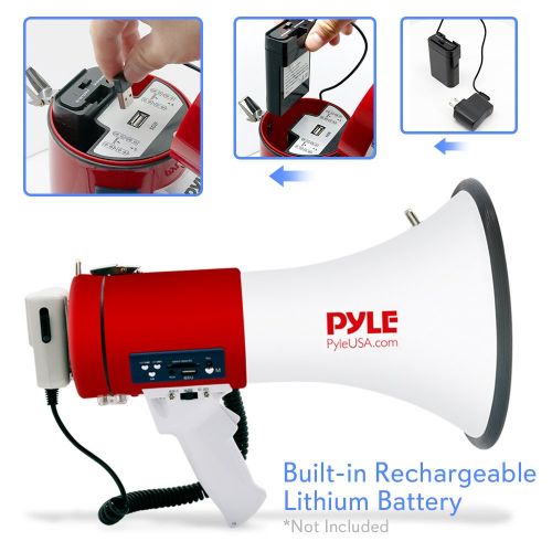  Pyle Megaphone 50-Watt Siren Bullhorn - Bullhorn Speaker w Detachable Microphone, Portable Lightweight Strap & Rechargeable Battery - Professional Outdoor Voice for Police & Cheer