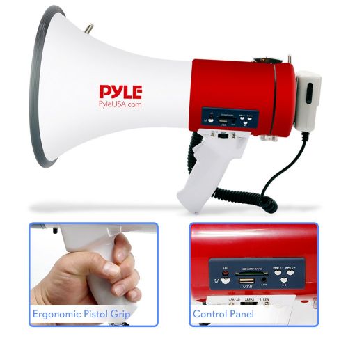  Pyle Megaphone 50-Watt Siren Bullhorn - Bullhorn Speaker w Detachable Microphone, Portable Lightweight Strap & Rechargeable Battery - Professional Outdoor Voice for Police & Cheer