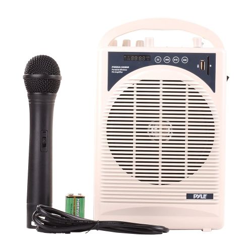  Upgraded Pyle Professional Portable PA System, Amplifier With Built-in Handheld VHF Wireless Microphone, Bluetooth, Battery Rechargeable, MP3, USB, SD, 14, 3.5mm, Great for Karaok