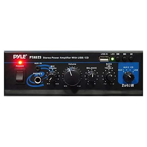  Pyle 2X40W Mini Power Amplifier System - Dual Channel Home Audio Sound Mixer, Stereo Receiver Box wUSB, RCA, Headphone, AUX, MIC Input, LED, for PA, Home Entertainment and Studio Use -