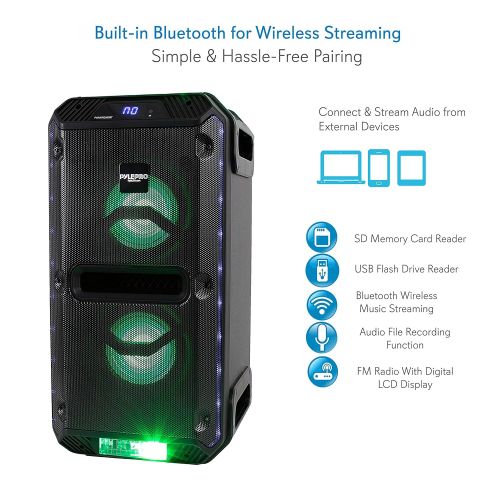  Pyle Portable Active PA Speaker System - 500W Outdoor Wireless Bluetooth Compatible Battery Powered Rechargeable Karaoke Sound Speaker Microphone Set w MP3 USB FM Radio Aux DJ LED Light