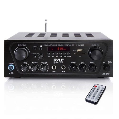  Pyle Upgraded Karaoke Bluetooth Channel Home Audio Sound Power Amplifier wAUX-in, USB, 2 Microphone Input wEcho, Talkover for PA, Black (PTA24BT)