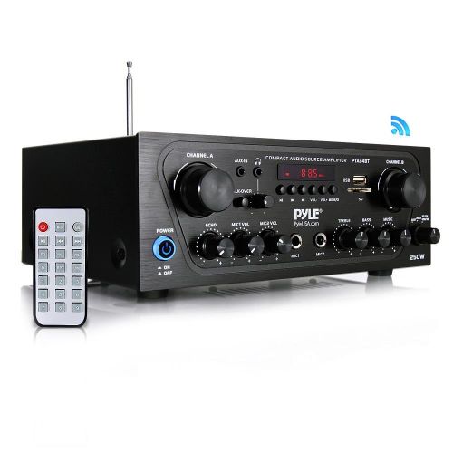  Pyle Upgraded Karaoke Bluetooth Channel Home Audio Sound Power Amplifier wAUX-in, USB, 2 Microphone Input wEcho, Talkover for PA, Black (PTA24BT)