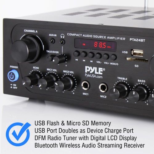  Pyle Upgraded Karaoke Bluetooth Channel Home Audio Sound Power Amplifier wAUX-in, USB, 2 Microphone Input wEcho, Talkover for PA, Black (PTA24BT)