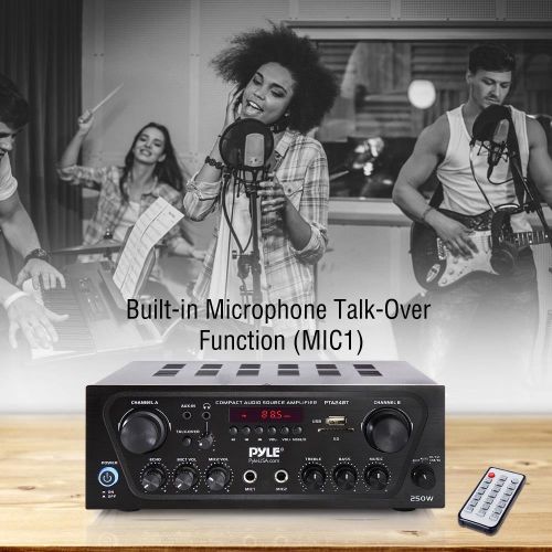  Pyle Upgraded Karaoke Bluetooth Channel Home Audio Sound Power Amplifier wAUX-in, USB, 2 Microphone Input wEcho, Talkover for PA, Black (PTA24BT)