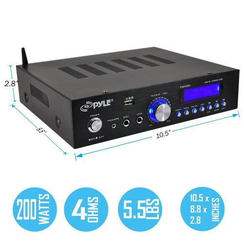  Pyle Wireless Bluetooth Home Power Amplifier - 200 Watt Audio Stereo Receiver w USB Port, AUX IN, AM FM Radio, DVD CD Player, 2 Karaoke Microphone Input, Remote - Home Entertainment Sy