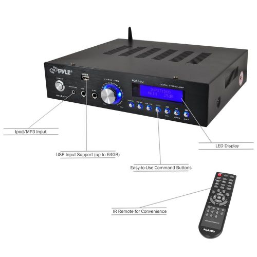  Pyle Wireless Bluetooth Home Power Amplifier - 200 Watt Audio Stereo Receiver w USB Port, AUX IN, AM FM Radio, DVD CD Player, 2 Karaoke Microphone Input, Remote - Home Entertainment Sy