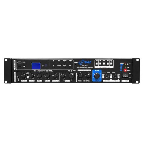  Pyle Multi-Channel Home Audio Power Amplifier - Mixer w 70V 100V Output - 375 Watt Rack Mount Stereo Receiver w 3.5mm AUX USB, Mic Talkover for PA System, Commercial Entertainment Use