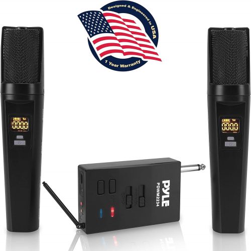  Bluetooth UHF Wireless Microphone System - Dual Rechargeable Mic Receiver Set - 2 Handheld Transmitter Mics, Receiver Base, USBAudio Cable, Adapter - PA Karaoke Dj Party - Pyle PD