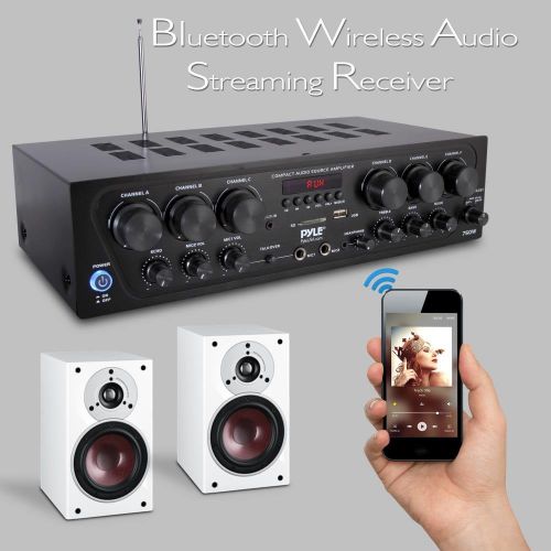  Upgraded 2018 Wireless Bluetooth Karaoke - 6 Channel 750 Watt Home Audio Sound Power Stereo Receiver Amplifier w USB, Headphone, 2 Microphone Input w Echo, Talkover for PA - Pyle