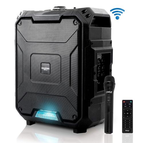  Pyle Portable Active PA Speaker System - 700W Wireless Bluetooth Compatible Battery Powered Rechargeable Outdoor Sound Speaker Karaoke Microphone Set w MP3 USB FM Radio AUX, DJ LED Lig