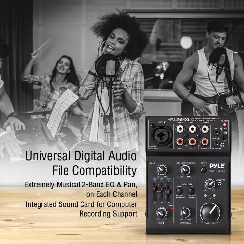  USB Audio MIxer DJ Controller - 3 Channel USB Mixer Sound Audio Recording Interface with XLR and 3.5 mm Microphone Jack, Line In RCA, Rechargeable Battery, Mix Monitoring, Pyle PAD