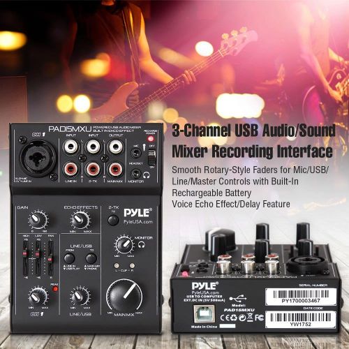  USB Audio MIxer DJ Controller - 3 Channel USB Mixer Sound Audio Recording Interface with XLR and 3.5 mm Microphone Jack, Line In RCA, Rechargeable Battery, Mix Monitoring, Pyle PAD