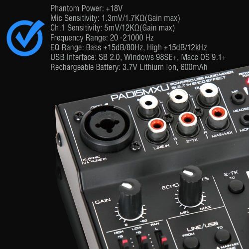  USB Audio MIxer DJ Controller - 3 Channel USB Mixer Sound Audio Recording Interface with XLR and 3.5 mm Microphone Jack, Line In RCA, Rechargeable Battery, Mix Monitoring, Pyle PAD