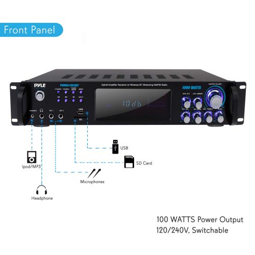  Pyle 4 Channel Bluetooth Power Amplifier - 1000W Home Audio Rack Mount Stereo Receiver wAM FM Radio, USB, Headphone, Dual Wireless Mic wEcho for Karaoke, LED, for Speaker Sound System