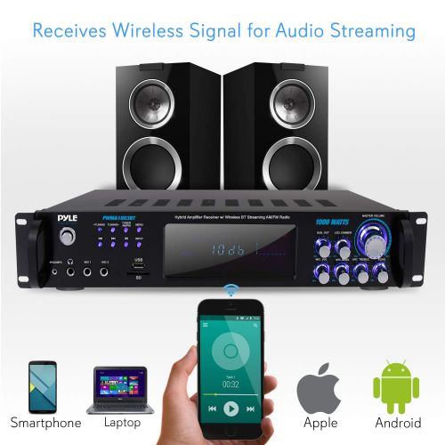  Pyle 4 Channel Bluetooth Power Amplifier - 1000W Home Audio Rack Mount Stereo Receiver wAM FM Radio, USB, Headphone, Dual Wireless Mic wEcho for Karaoke, LED, for Speaker Sound System