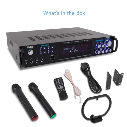  Pyle 4 Channel Bluetooth Power Amplifier - 1000W Home Audio Rack Mount Stereo Receiver wAM FM Radio, USB, Headphone, Dual Wireless Mic wEcho for Karaoke, LED, for Speaker Sound System