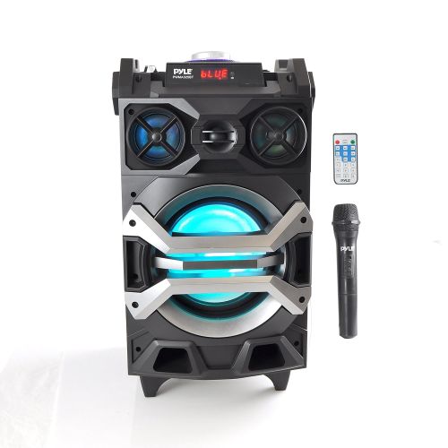  Pyle 500 Watt Outdoor Portable Bluetooth Karaoke Speaker System - PA Stereo with 8 Subwoofer, DJ Lights Rechargeable Battery Wireless Microphone, Recording Ability, MP3USBSDFM R