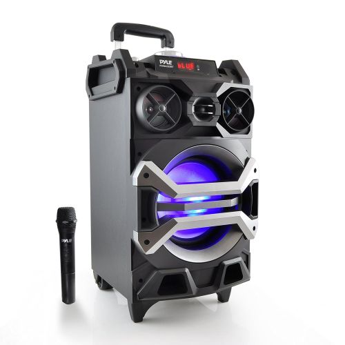  Pyle 500 Watt Outdoor Portable Bluetooth Karaoke Speaker System - PA Stereo with 8 Subwoofer, DJ Lights Rechargeable Battery Wireless Microphone, Recording Ability, MP3USBSDFM R